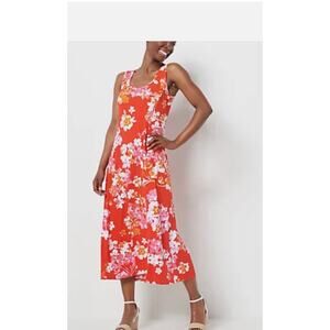 Susan Graver New Liquid Knit Sleeveless Midi Dress Coral Bloom Floral Plus 2X